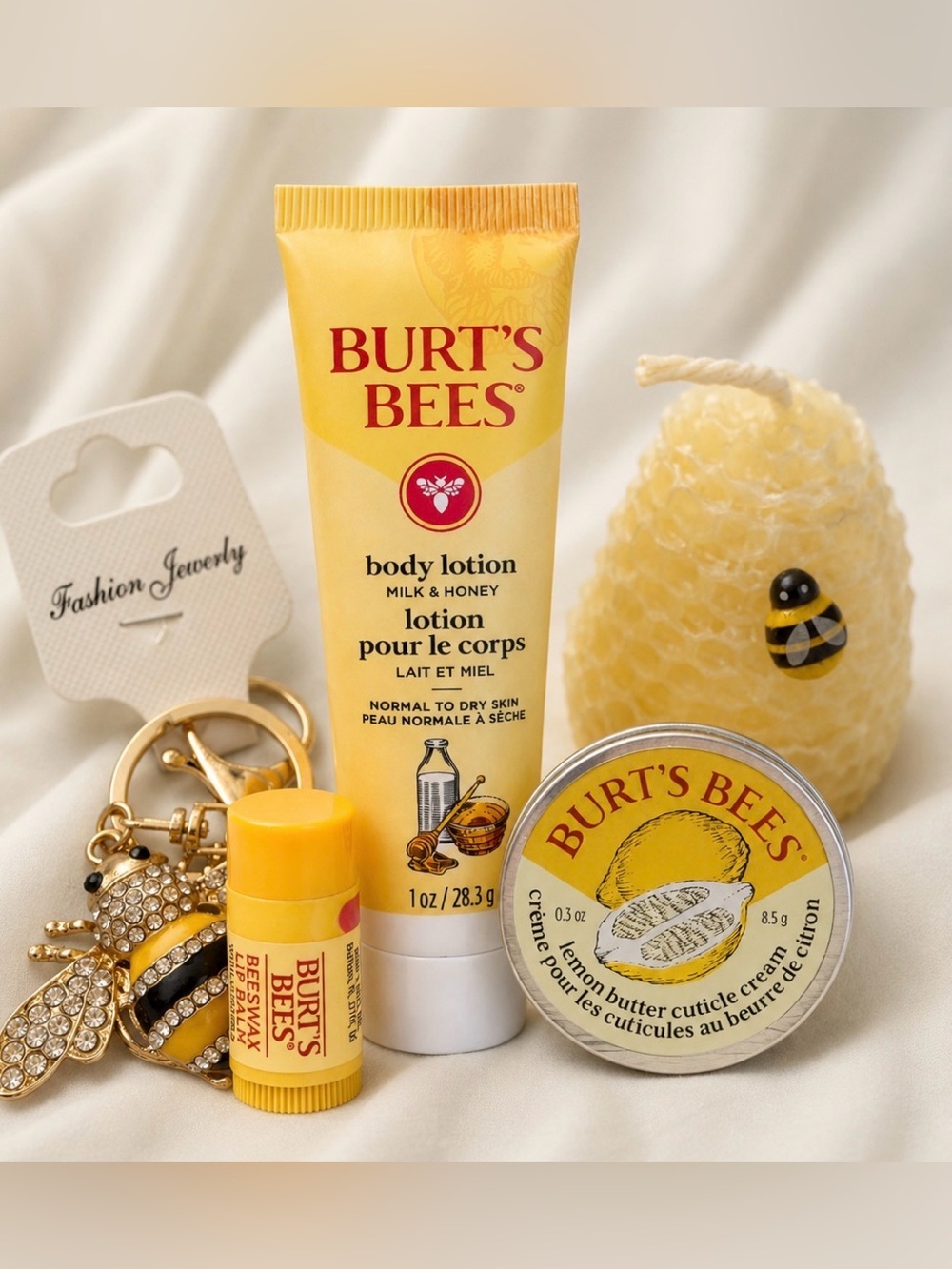 Yellow & Black Bee Keychain with Crystal Accent and Burt’s bees bundle & candle
